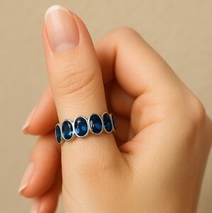 Blue Topaz Eternity Ring Band Size 10 Multiple Oval Gemstones Silvertone